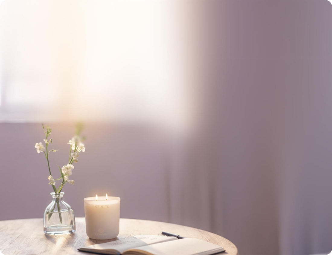 Candle, vase with flowers, and open book on a table against a plain wall.